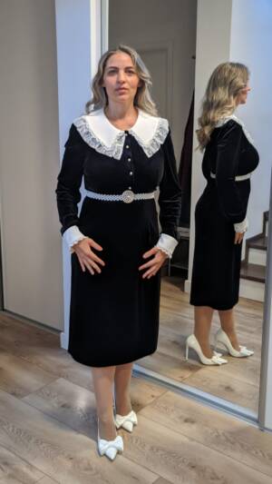 Rochie neagra din catifea | Rochie alb-negru cu nasturi eleganti | 350 - 330 - 300 lei