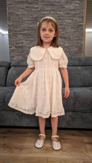 Rochita alba botez | Rochie pentru fete din dantela | Rochie cu guler | 230 - 200 lei