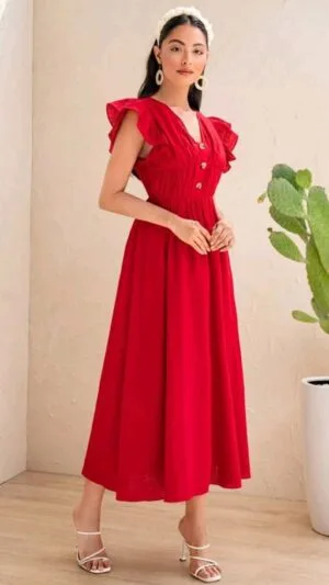 Rochie de vară | Rochie rosie midi | Rochie de zi | XS S M - 160 lei