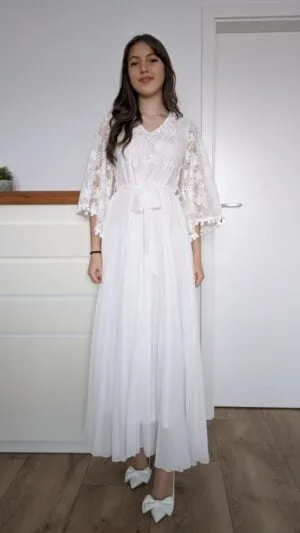Rochii Albe de Botez | Rochii Elegante + Curea  Elastica  Perlute | Rochii Albe Lungi | 400 lei - L