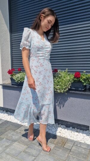 Rochie elegantă | Rochie Albastră cu Imprimeuri Florale | Rochie cu Mânecă scurtă | 170 - 140  lei