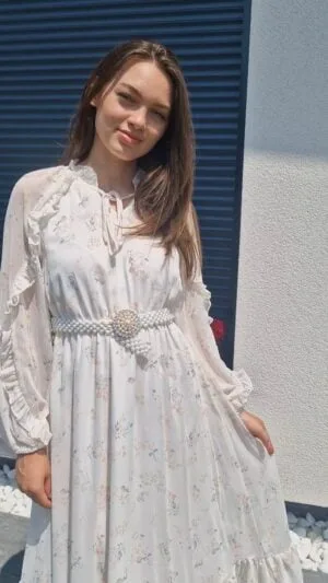 Rochie Bej Elegant | Floral, Simplu,Imprimeu peste tot | Mânecă lungă | Midi | 230 - 200 lei