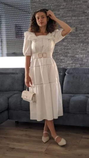 Rochie alba elegantă | Rochie alba midi | Rochie alba eleganta de zi | S M L XL | 300 lei