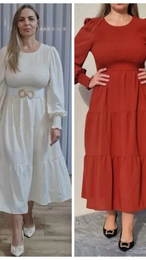 Rochie midi crem | Rochie cu maneci lungi | 200 - 180 lei