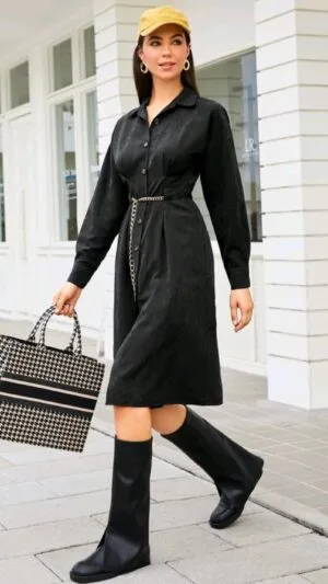 Rochie neagra midi | Rochie cu nasturi în față | Rochie comodă Casual sau Office | 160 lei