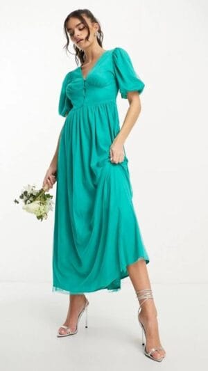 Rochie Midaxi de ocazie din tul cu mâneci scurte,cu decolteu în V,Verde smarald, 40 EU |  300 lei