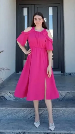 Rochii midi roz | Rochie de Damă cu Umăr deschis | 190 lei