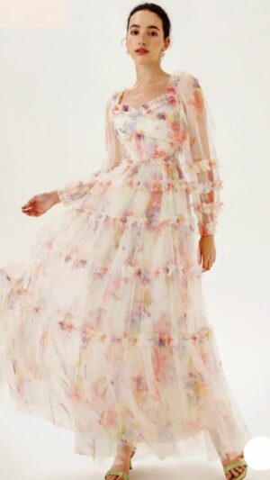 Rochie maxi cu mânecă lungă și volane, roz L| 880 lei