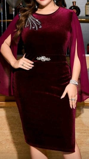🔴 Rochie bordo elegantă catifea XL–4XL | 250 lei