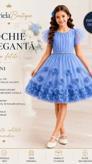 Rochie Elegantă Fetiță 7 Ani Albastră din Tull cu Broderie Florală – Import SUA, Nouă