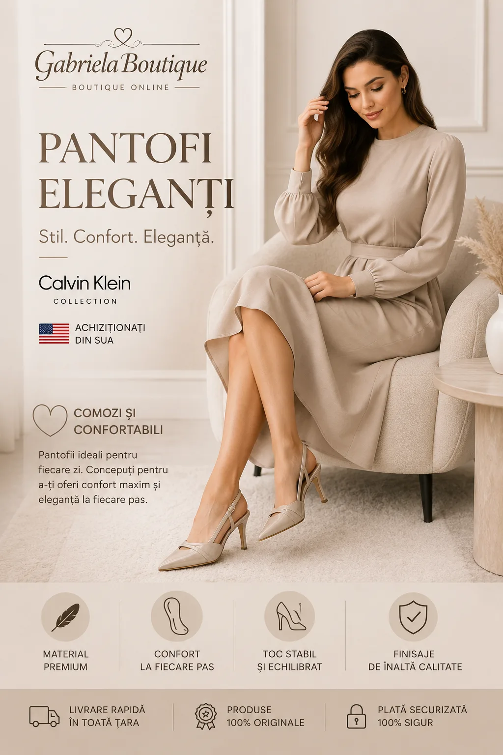Pantofi Damă Calvin Klein Originali Bej cu Toc Înalt – Slingback Eleganți