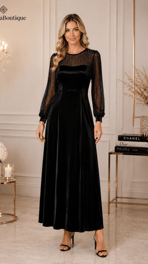 Rochie Lungă Elegantă din Catifea Neagră pentru Nuntă și Evenimente