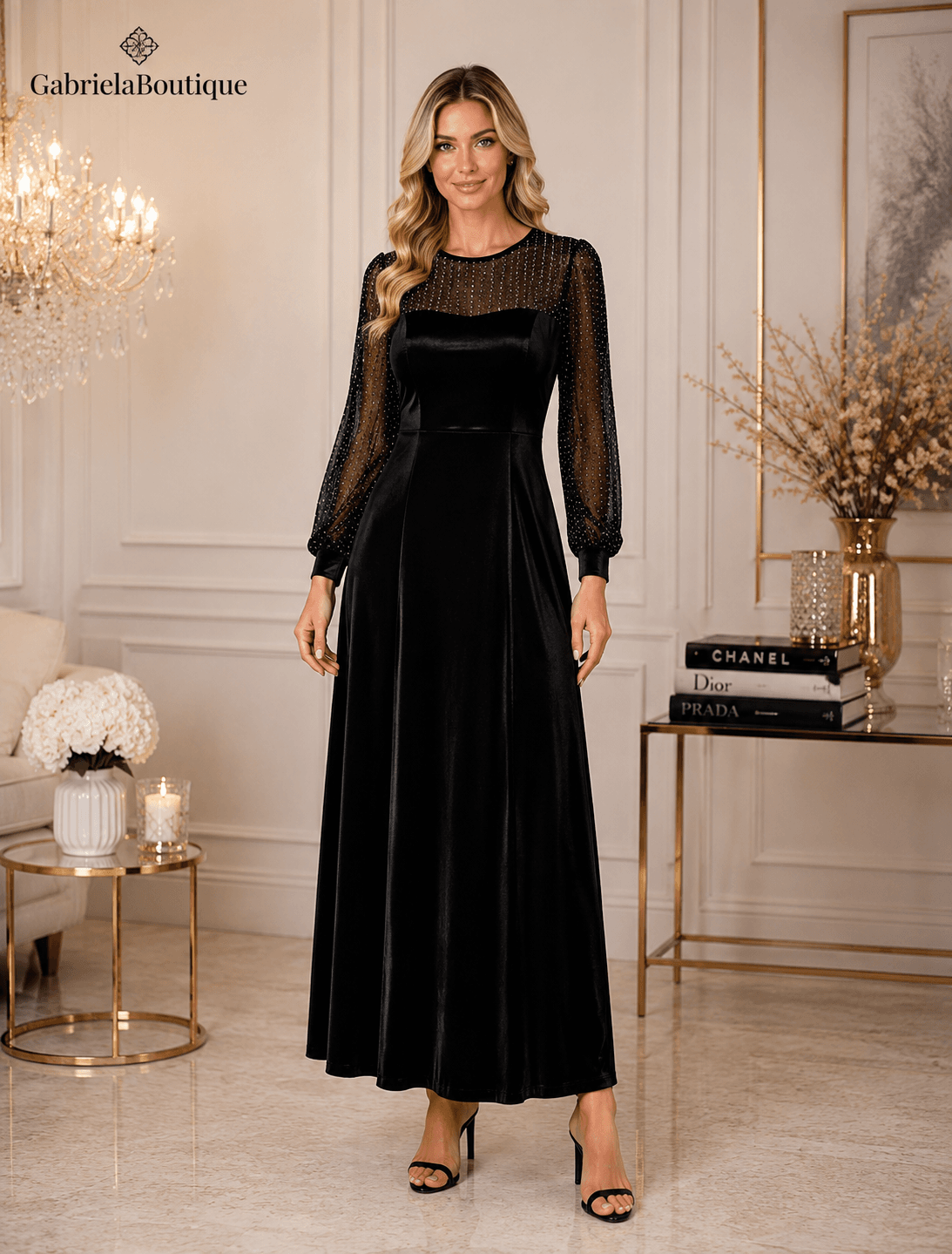 Rochie Lungă Elegantă din Catifea Neagră pentru Nuntă și Evenimente