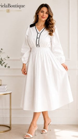 Rochie albă elegantă midi cu guler negru – GabrielaBoutique