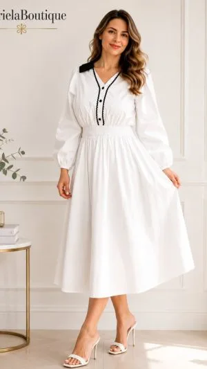 Rochie albă elegantă midi cu guler negru – GabrielaBoutique