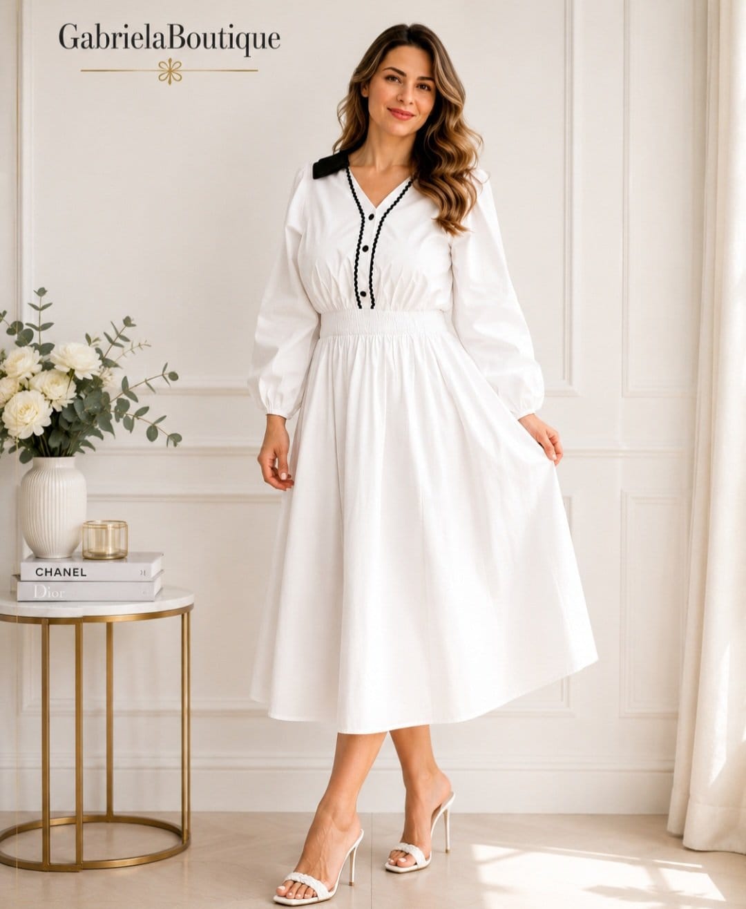 Rochie albă elegantă midi cu guler negru – GabrielaBoutique