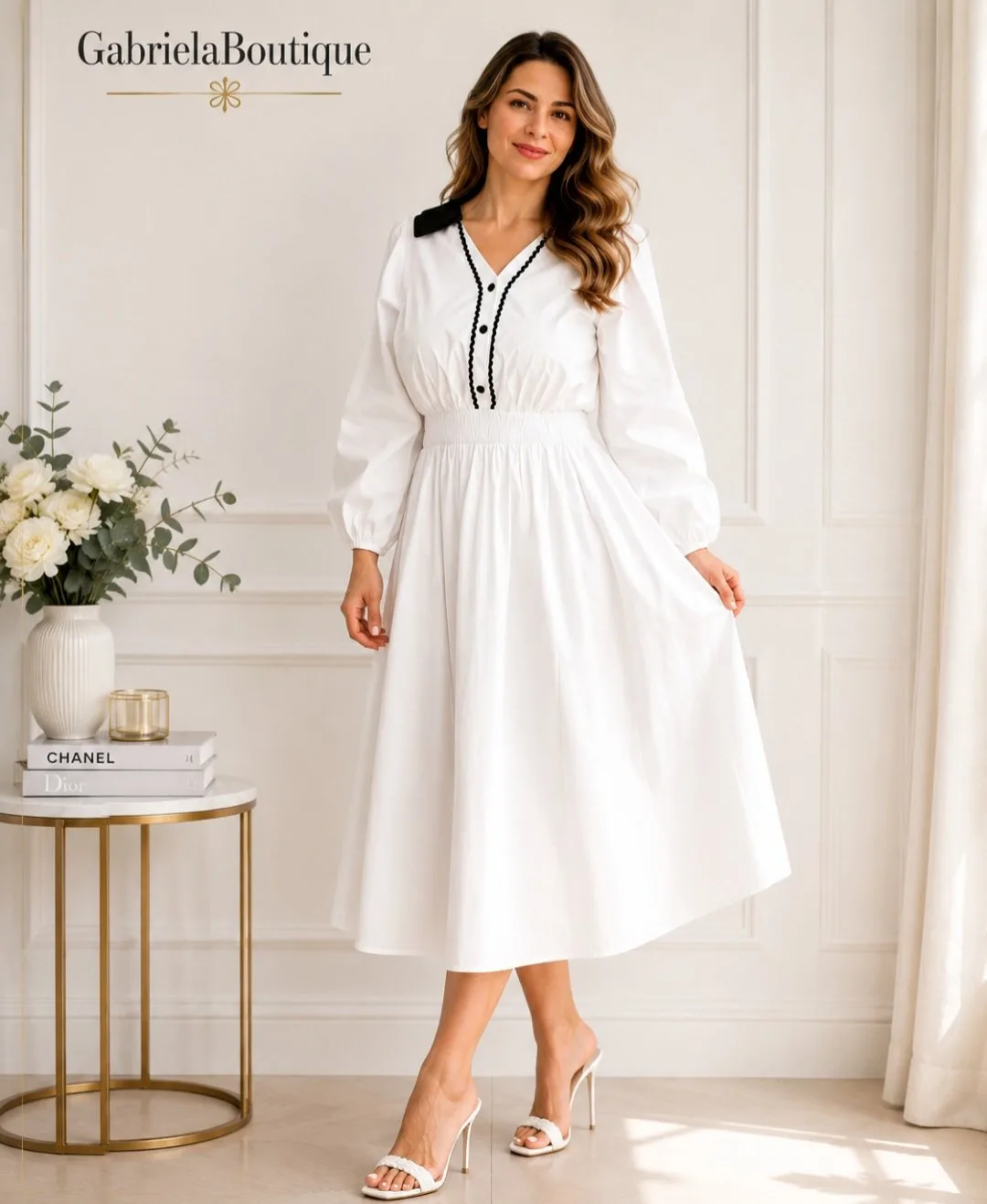Rochie albă elegantă midi cu guler negru – GabrielaBoutique