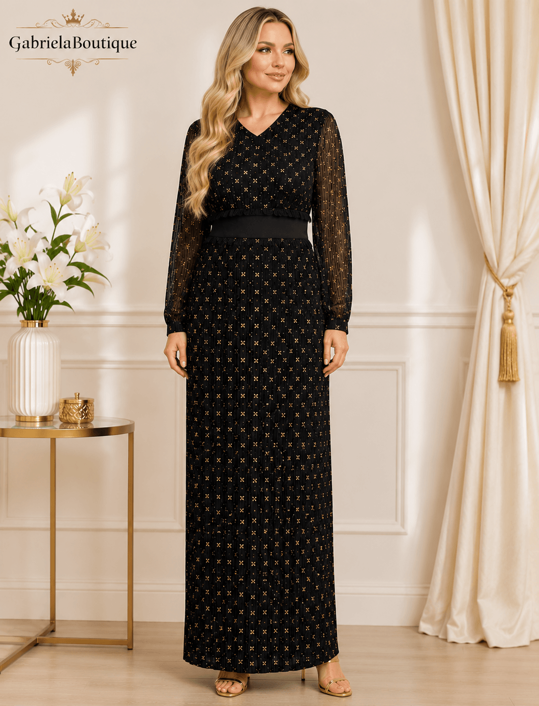 Rochie Elegantă Lungă Neagră de Ocazie Mărimi Mari 44-52