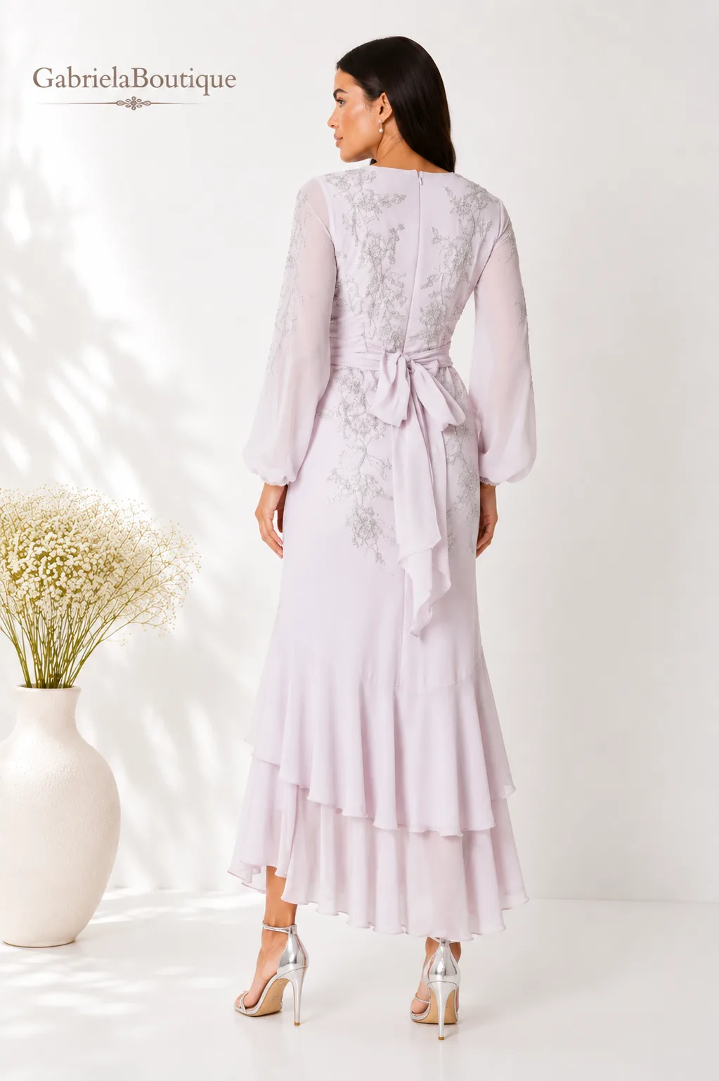 Rochie lila de ocazie cu broderie florala si paiete pentru nunta sau botez