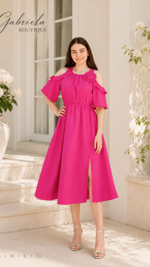 Rochie Elegantă Fucsia de Ocazie Midi cu Umeri Decupați și Floare 3D | GabrielaBoutique