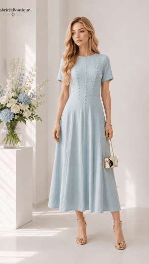 Rochie midi elegantă bleu cu perle – GabrielaBoutique