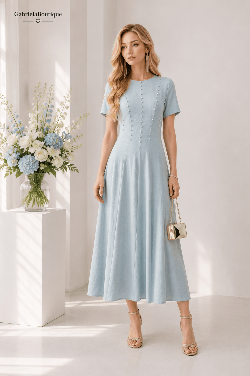 Rochie midi elegantă bleu cu perle – GabrielaBoutique