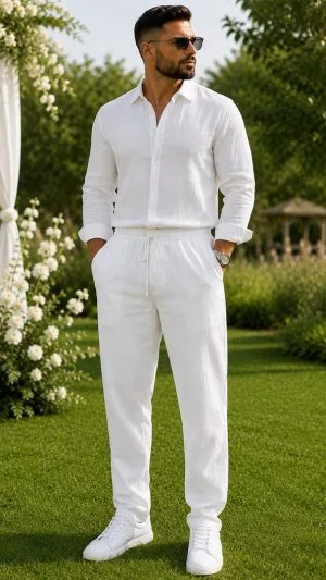 Pantaloni Albi Bărbați pentru Botez, Mărimi Mari 2XL–6XL | GabrielaBoutique