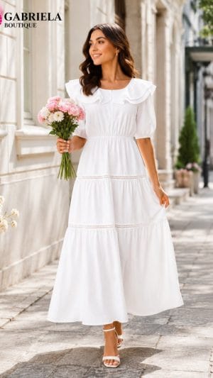 Rochie Lungă Albă Elegantă Petit pentru Botez, Cununie Civilă și Evenimente Speciale
