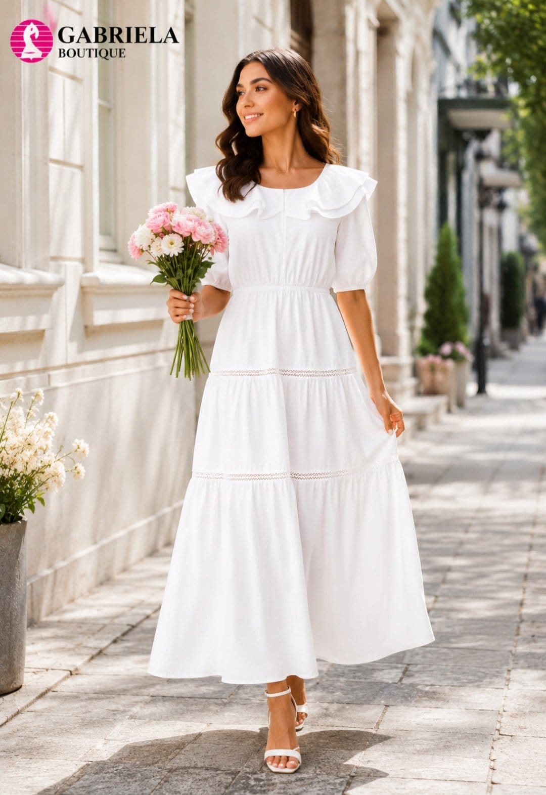 Rochie Lungă Albă Elegantă Petit pentru Botez, Cununie Civilă și Evenimente Speciale