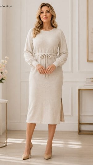 Rochie tricot crem elegantă de damă – GabrielaBoutique