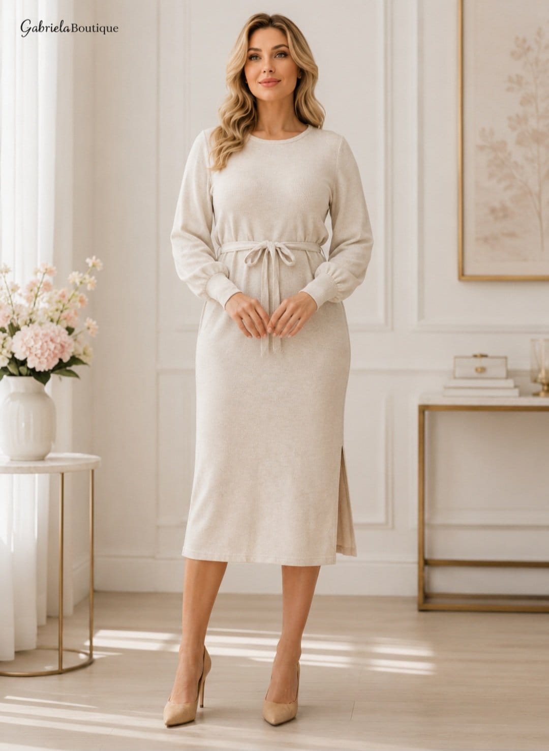 Rochie tricot crem elegantă de damă – GabrielaBoutique