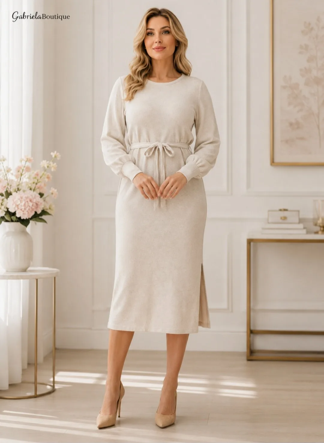 Rochie tricot crem elegantă de damă – GabrielaBoutique
