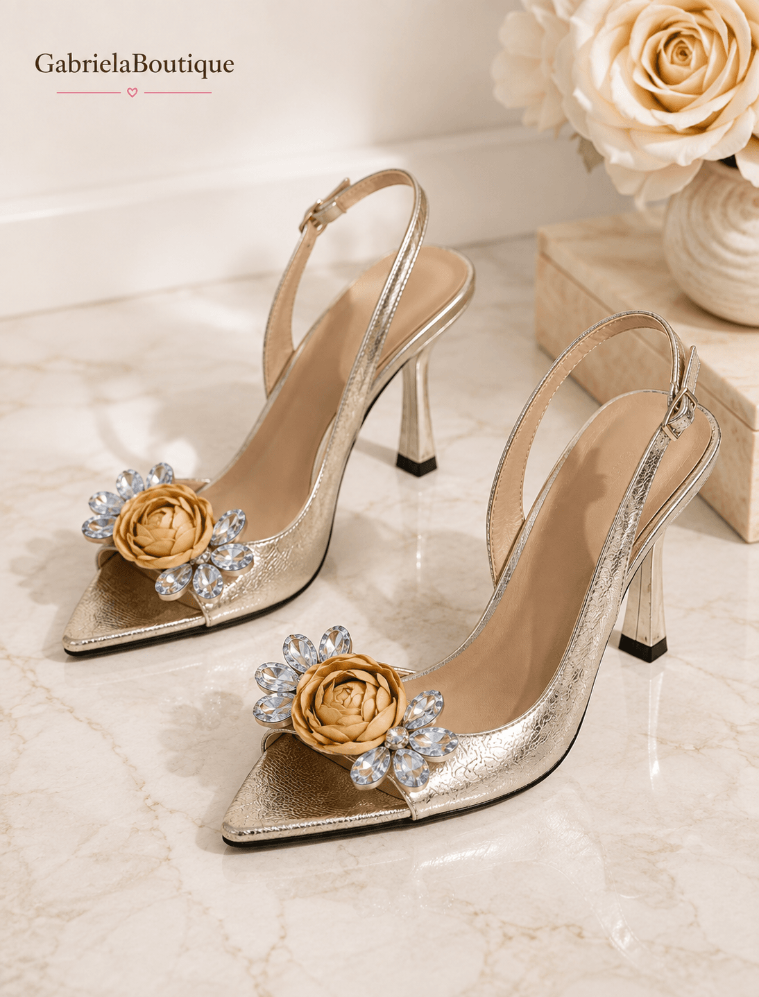 Sandale Elegante Aurii cu Toc | GabrielaBoutique