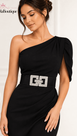 Centură lată elastică damă neagră cu cataramă din cristale – GabrielaBoutique