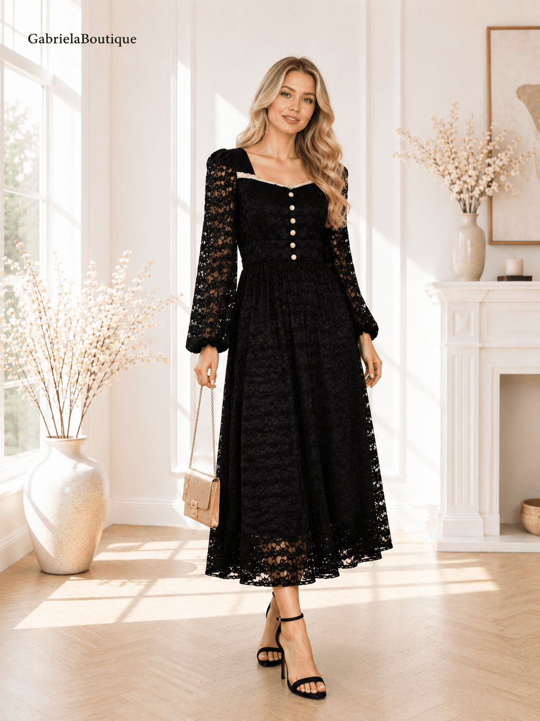 Rochie elegantă neagră din dantelă | GabrielaBoutique