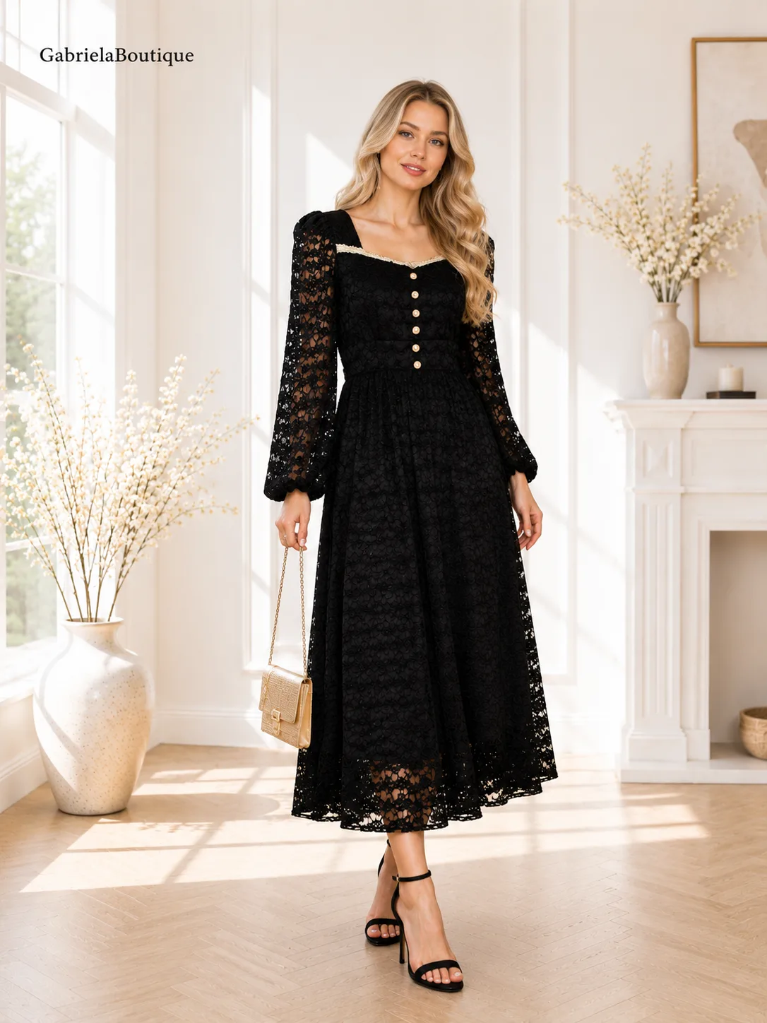 Rochie elegantă neagră din dantelă | GabrielaBoutique