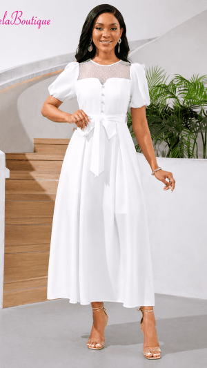 Rochie midi albă elegantă cu mâneci bufante și tull – XL | GabrielaBoutique