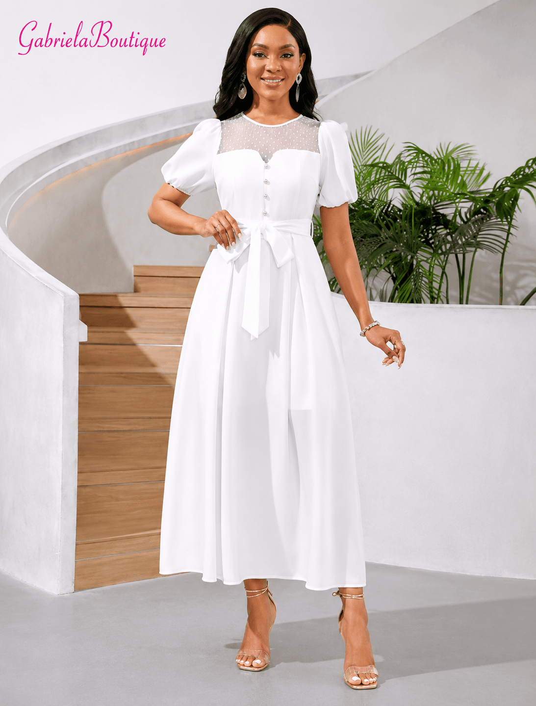 Rochie midi albă elegantă cu mâneci bufante și tull – XL | GabrielaBoutique