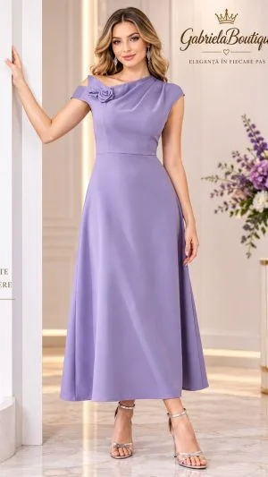 Rochie Elegantă Midi Lila cu Design Asimetric și Flori 3D