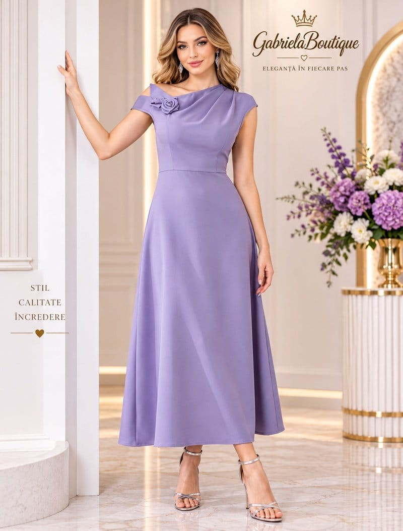 Rochie Elegantă Midi Lila cu Design Asimetric și Flori 3D