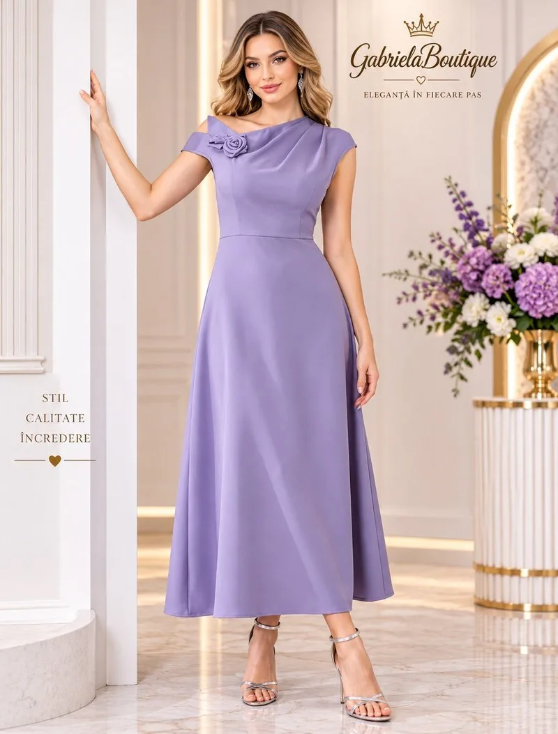 Rochie Elegantă Midi Lila cu Design Asimetric și Flori 3D